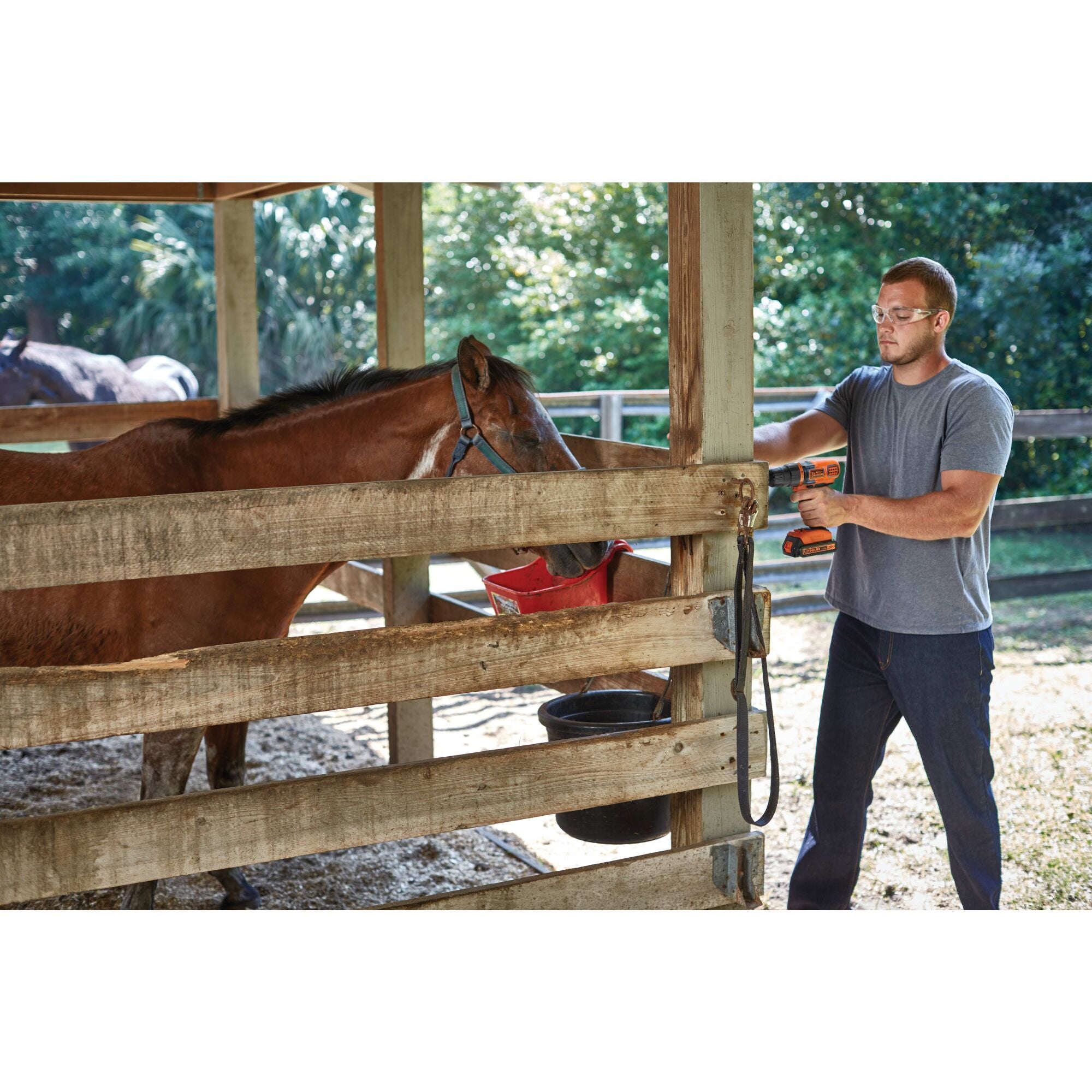 Man using drill on a brown horse's stall