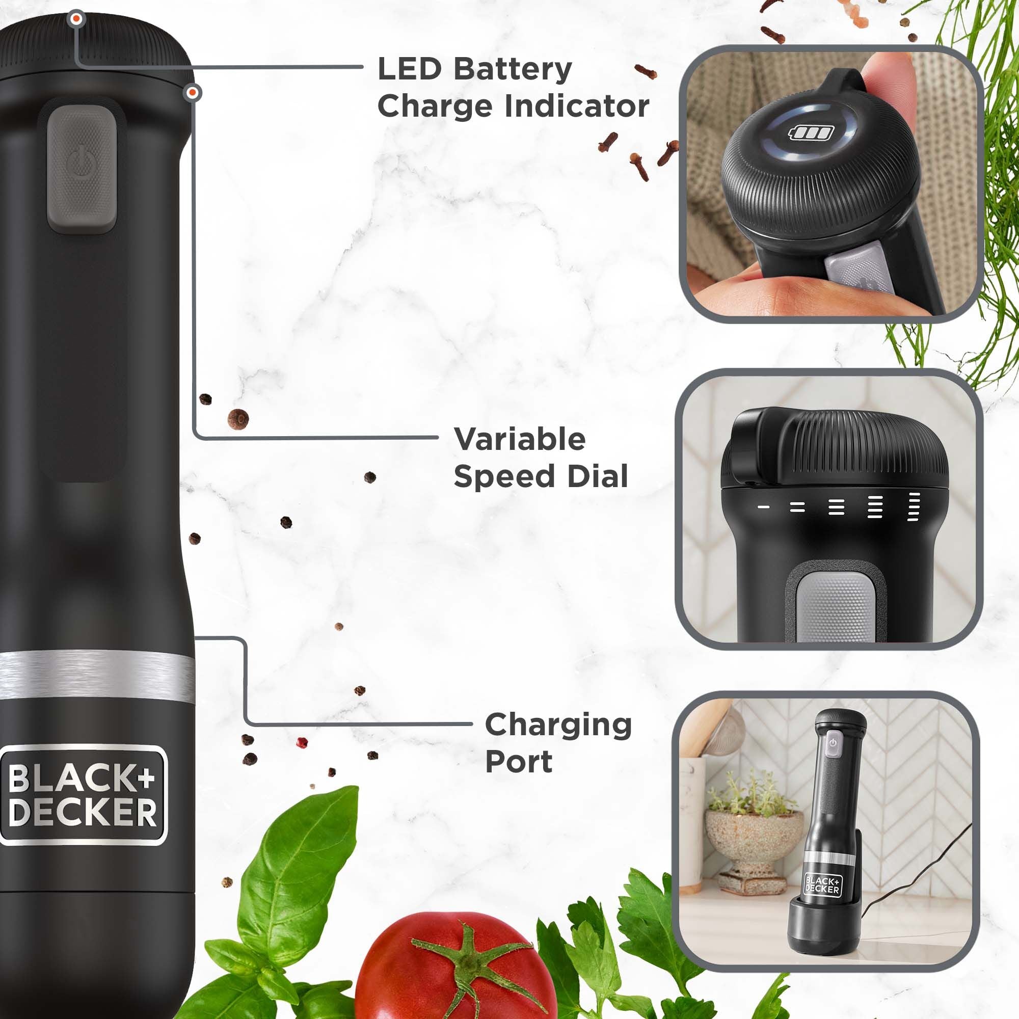 BLACK+DECKER kitchen wand™ immersion blender blends up to 75 bowls of soup on a full charge