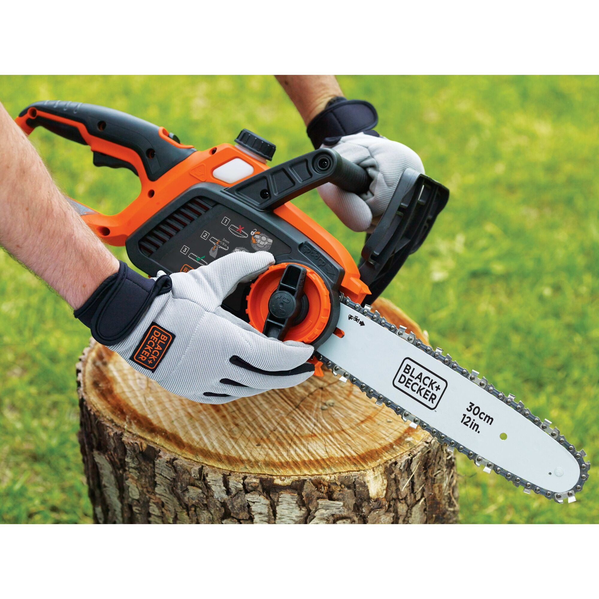 A closeup of the BLACK+DECKER 40V MAX* 12-in. Cordless Chainsaw. Chain tension ensures simple, tool-free adjustments.