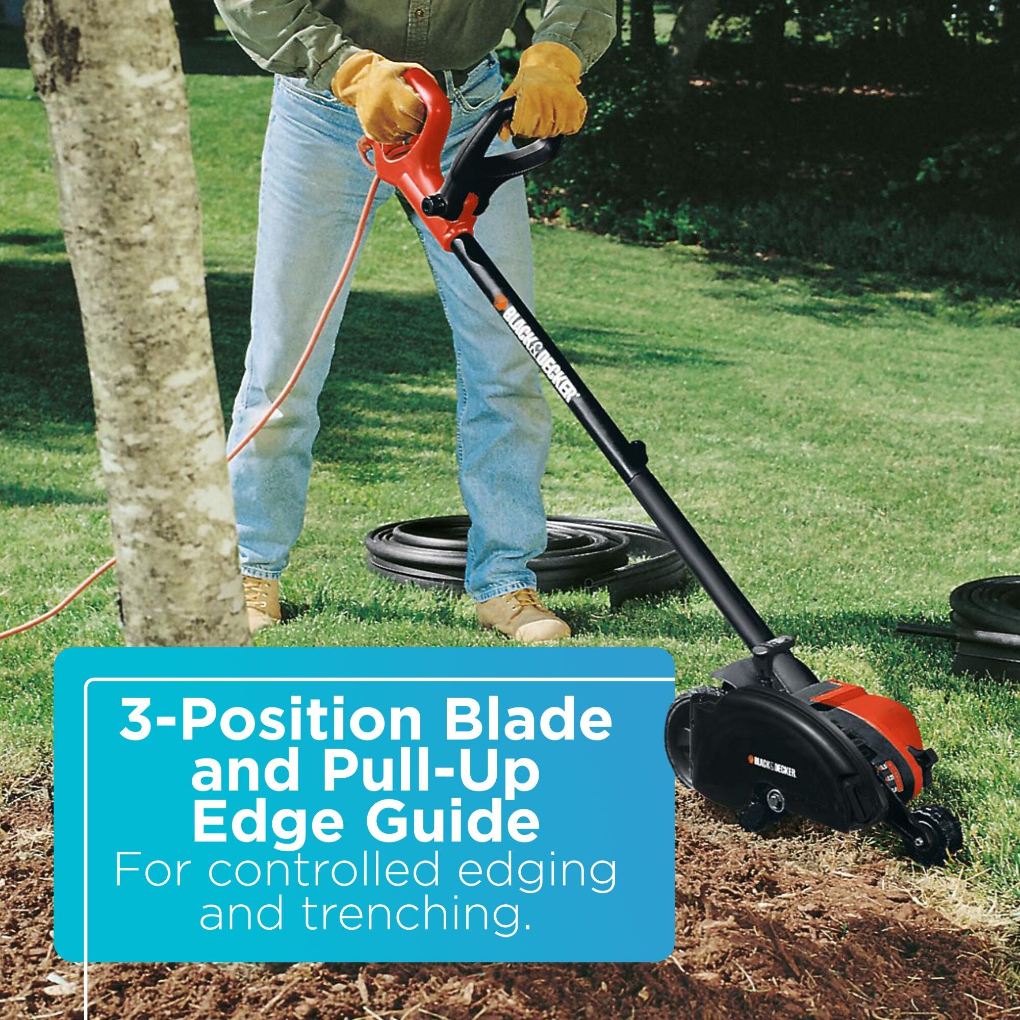 A person uses the BLACK+DECKER 7.5-in., 12 Amp Edger And Trencher. 3-position blade and pull-up edge guide for controlled edging and trenching.