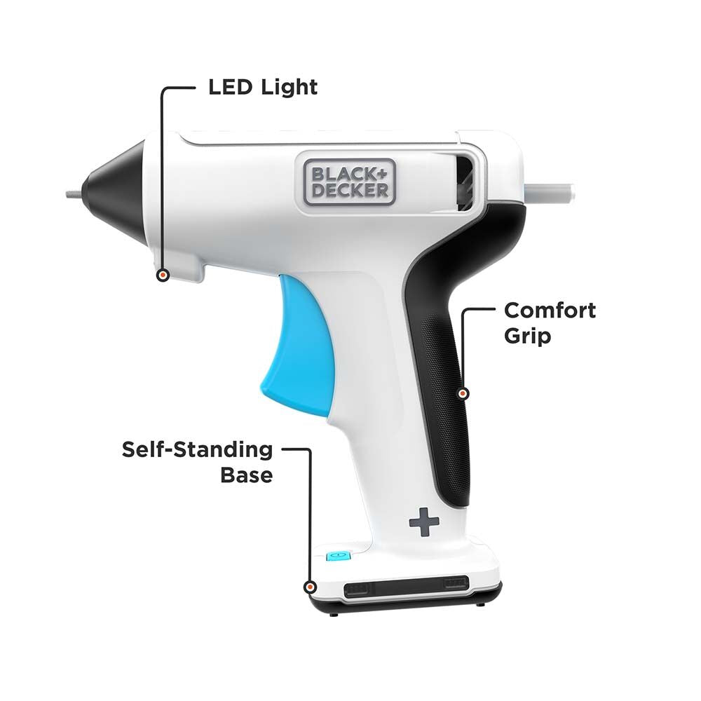 BLACK + DECKER USB Rechargeable 4V MAX*  Cordless Glue Gun has an LED light, comfort grip, and a self-standing base