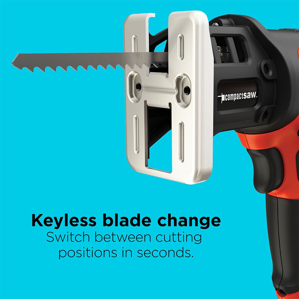 A closeup of the BLACK+DECKER Cordless Compact Jig Saw. Keyless blade change. Switch between cutting positions in seconds.