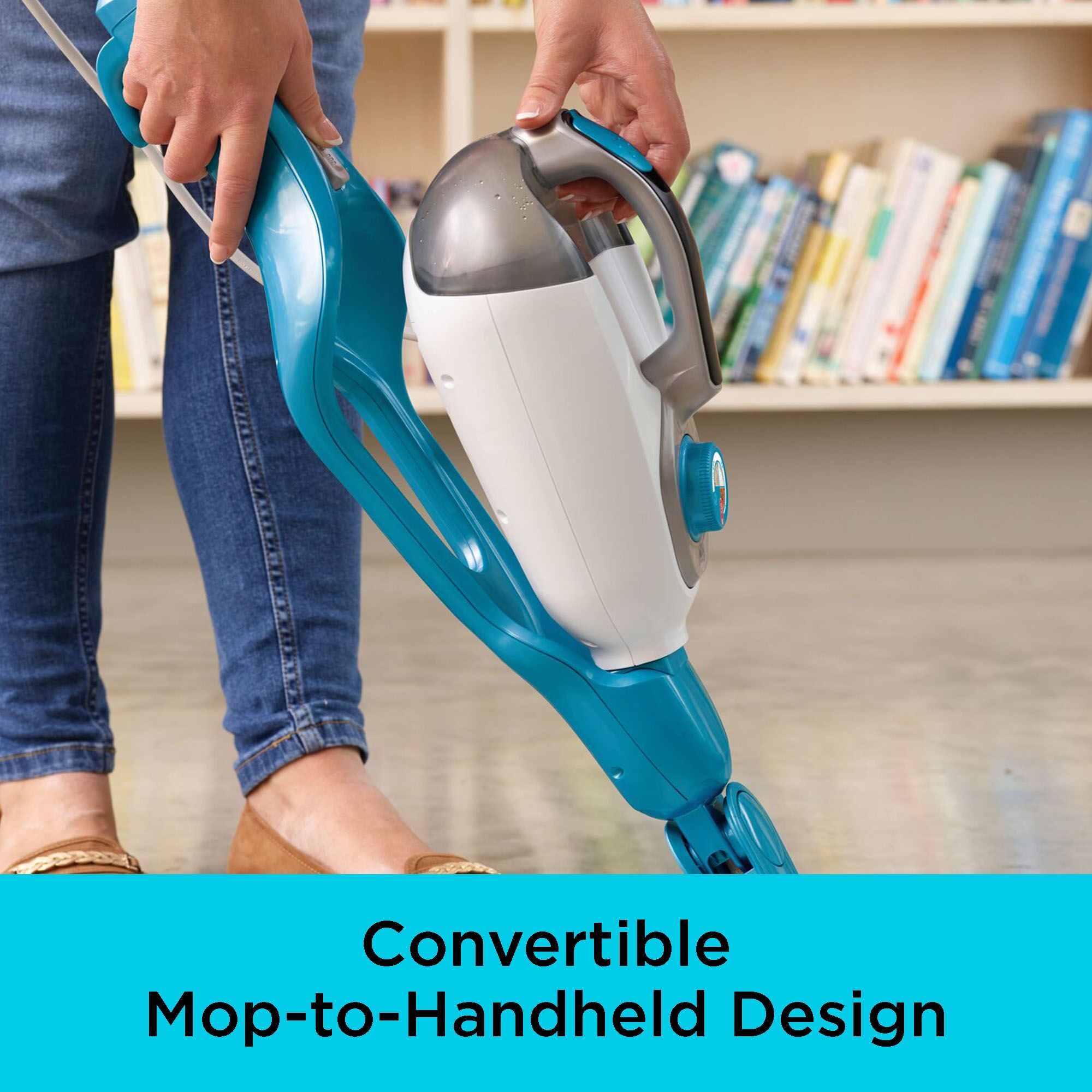 A closeup of the handheld design featured on the BLACK+DECKER SteamMop™ 2-in-1 Corded Portable Steamer. Convertible mop-to-handheld design.