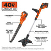 An overview of the BLACK+DECKER 40V MAX* Lithium String Trimmer/Sweeper Combo Kit.