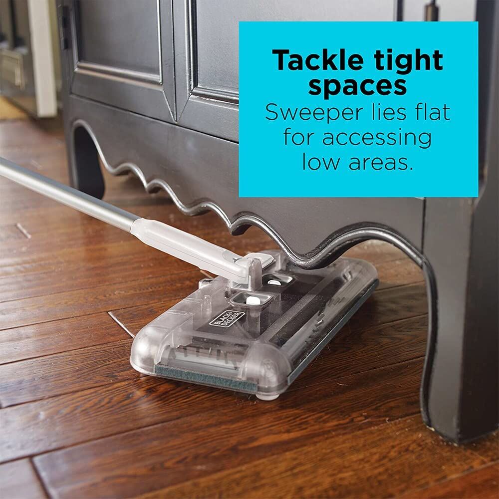 A clseup of the BLACK+DECKER Floor Sweeper, 50 Minutes Runtime. Quick and easy empty.
