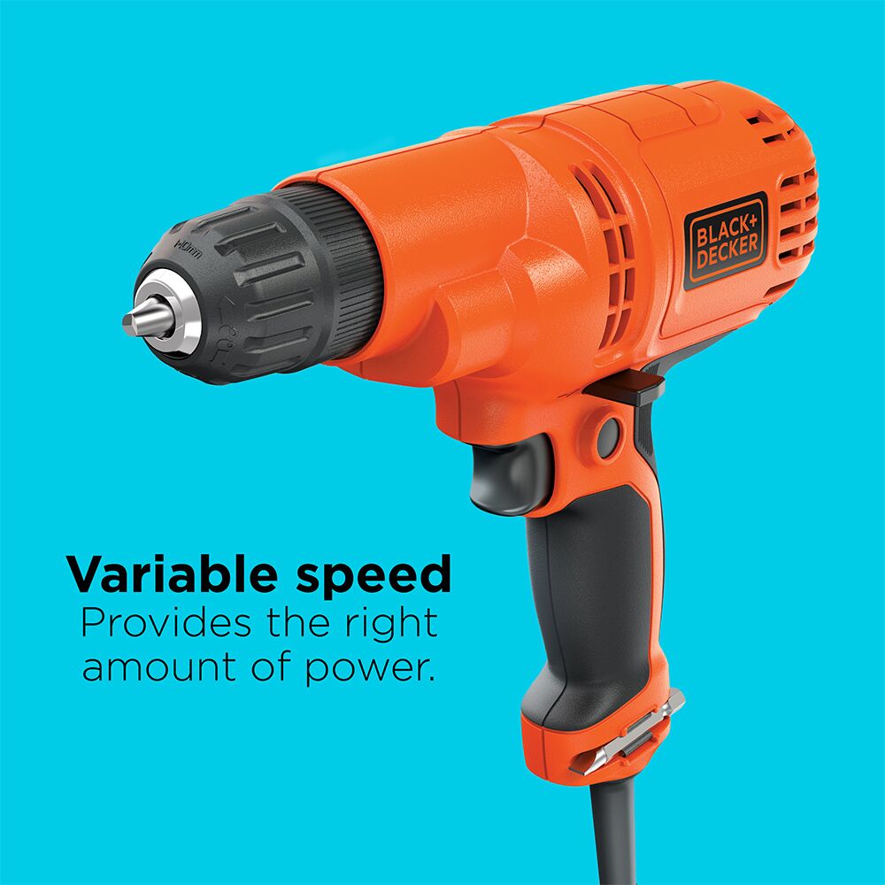 A closeup of the BLACK+DECKER 3/8-in., 5.5-Amp Corded Drill. Variable speed provides the right amount of power.