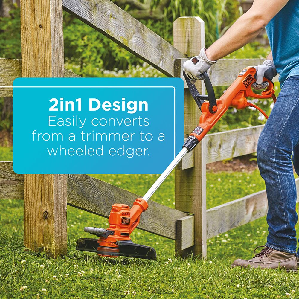 The BLACK+DECKER 14-in., 6.5-Amp Electric String Trimmer With Auto Feed features a 2-in-1 design that easily converts from a trimmer to a wheeled edger.