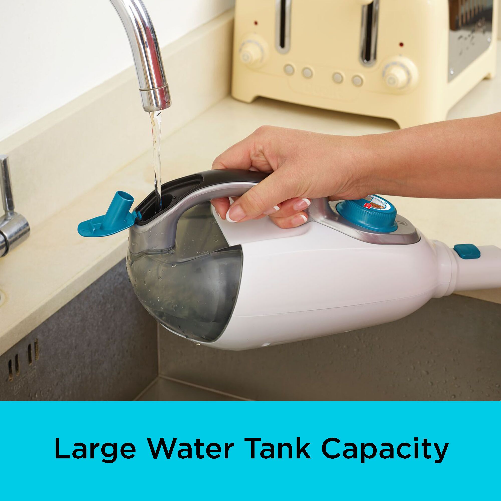 A person fills the tank of the BLACK+DECKER SteamMop™ 2-in-1 Corded Portable Steamer. Large water tank capacity.