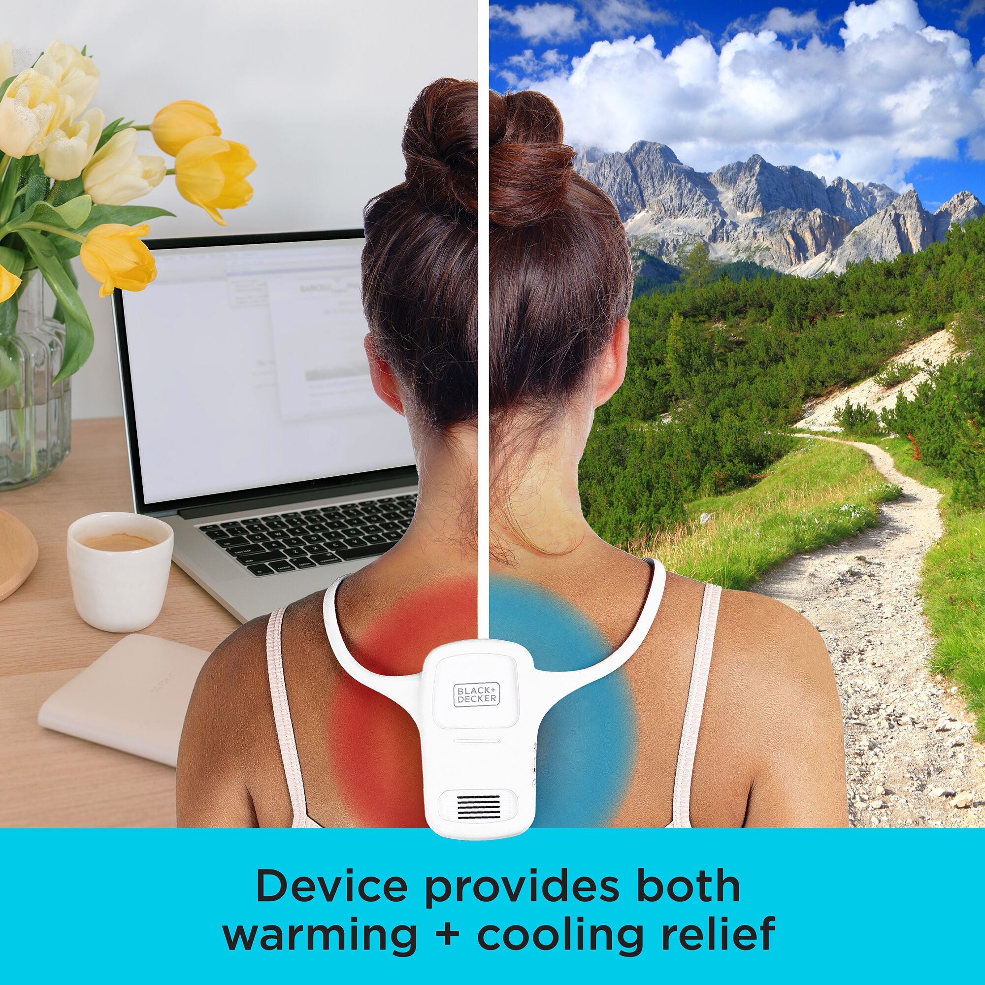 Split screen of the comfortpak™ device providing heating relief to a woman in a chilly office and cooling relief on a warm day hiking outdoors