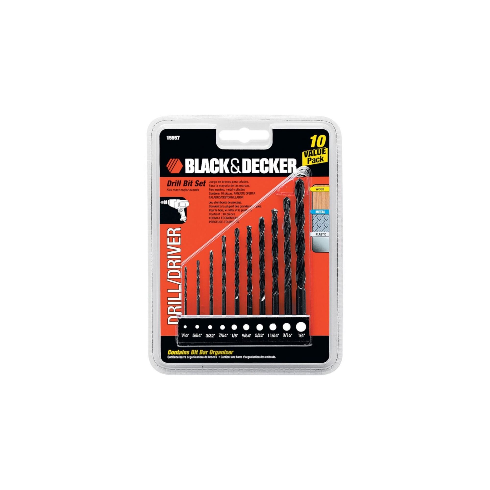 Black & Decker 15557 10 piece Drill Bit Set, for Wood, Metal & PVC