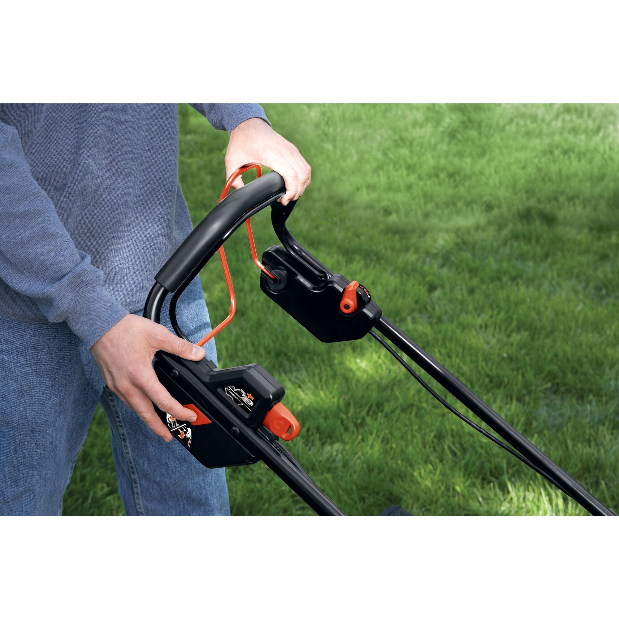 Instant start push button feature of black and decker 19 inch self propelled electric drill lawn mower.