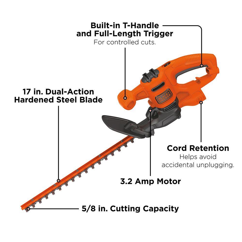 The BLACK+DECKER 17-in. Electric Hedge Trimmer features a 17-in. dual-action blade that cuts 2x more branches at once.