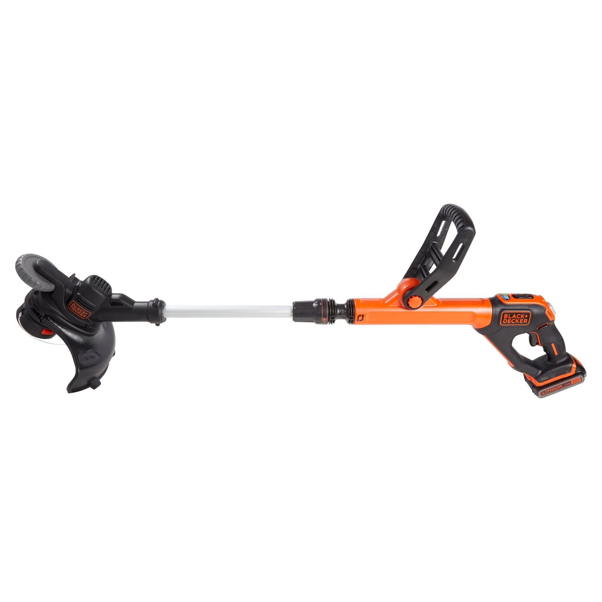 A close look at the handle grip and switch of a BLACK+DECKER 20V MAX* String Trimmer.