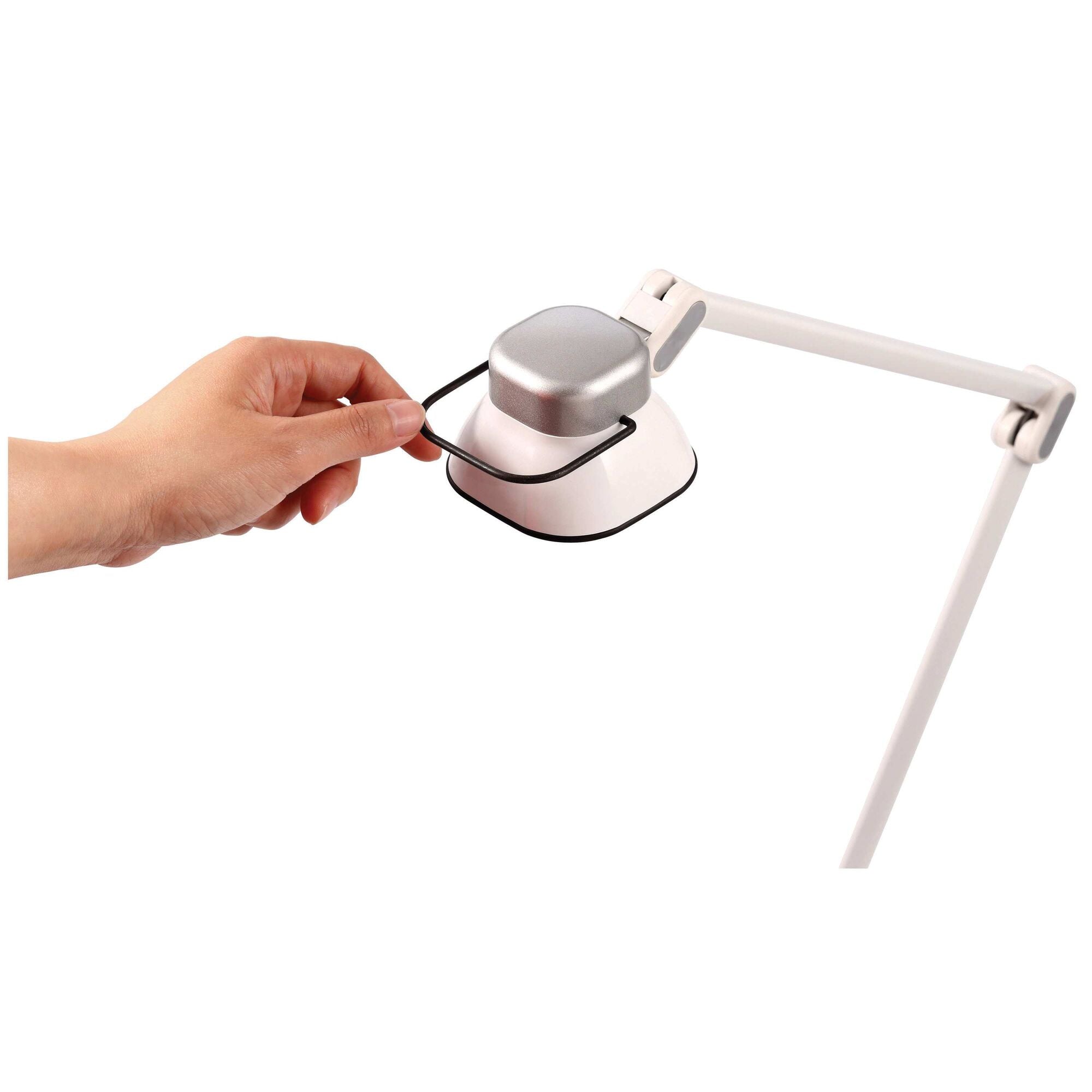 Adjustable lamp head and lamp arm feature of Elate Dual Arm LED Desk Lamp.