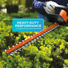 A closeup of the BLACK+DECKER 20V MAX* 22-in. Cordless Hedge Trimmer (Tool Only). Heavy-duty performance. 22-in. dual-action hardened steel blade.