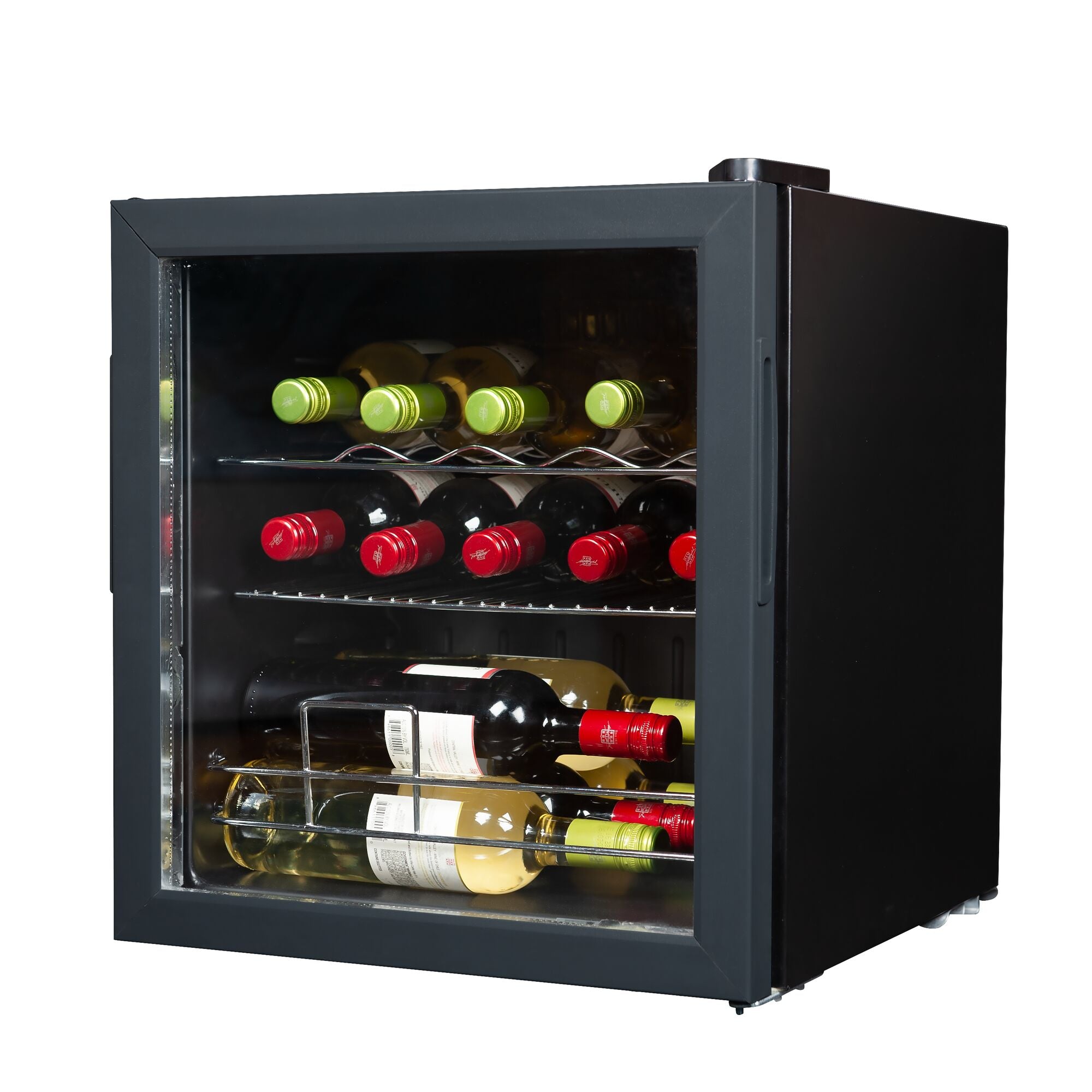 Side angle view of wine cooler with glass front showing