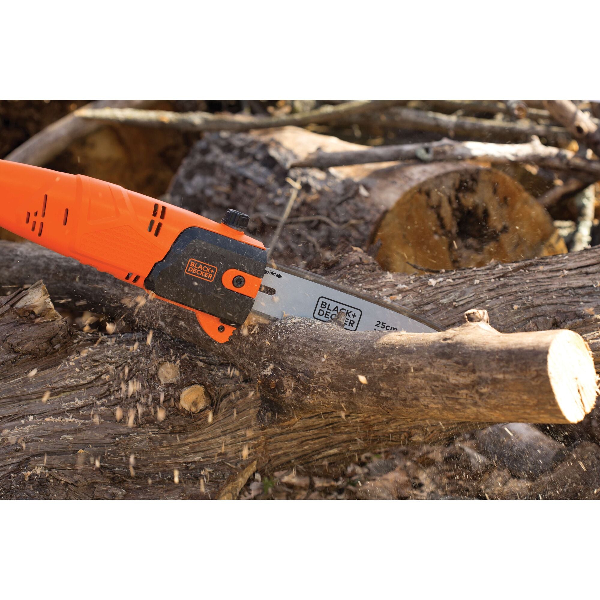 6.5 Amp 9 and half foot pole saw being used to prune a tree.