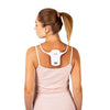 rear view of the comfortpak™ device in the cloud white 360° lanyard worn around the back of a woman's neck