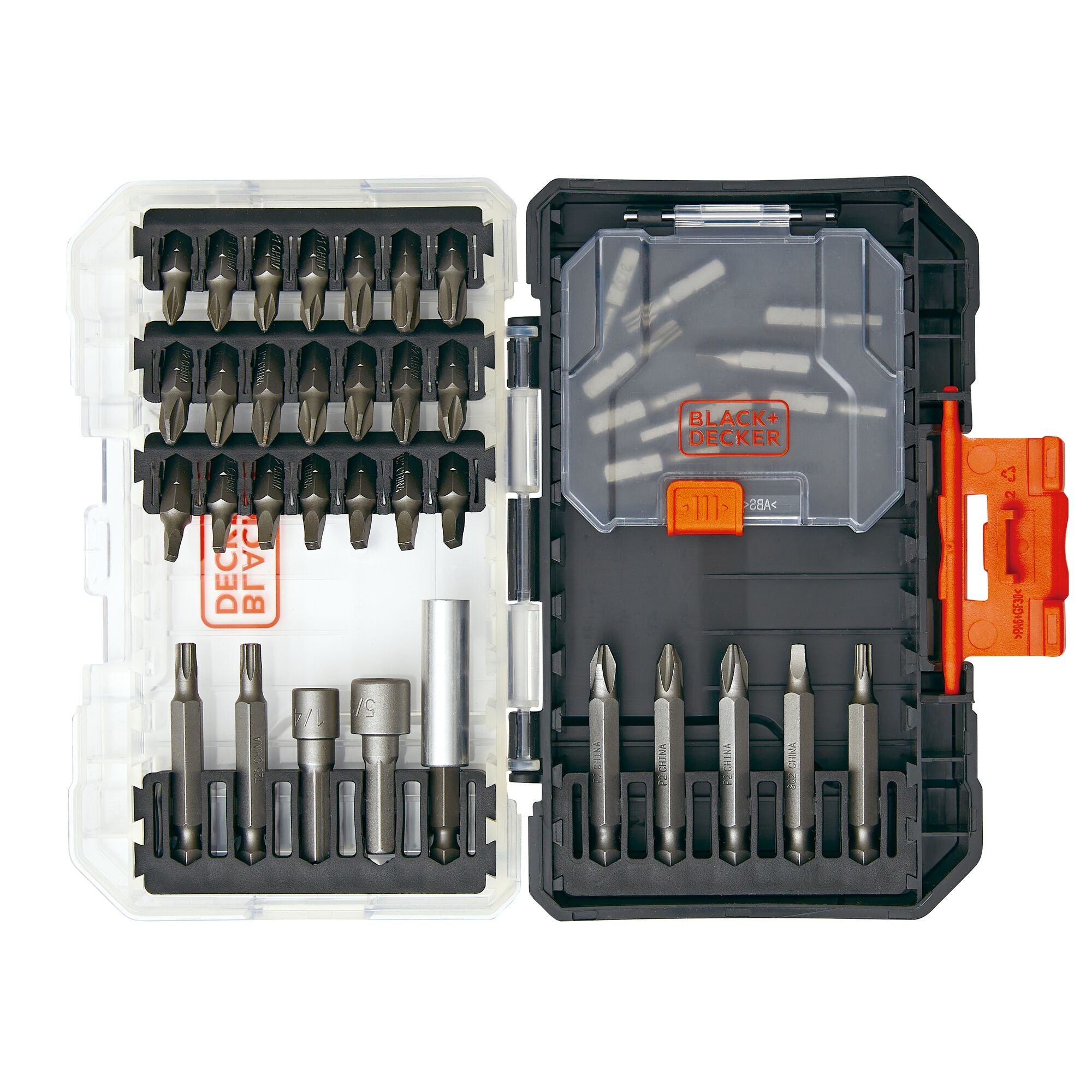 Ariel view of BLACK+DECKER 40 piece screwdriver set with pieces and closed compartments