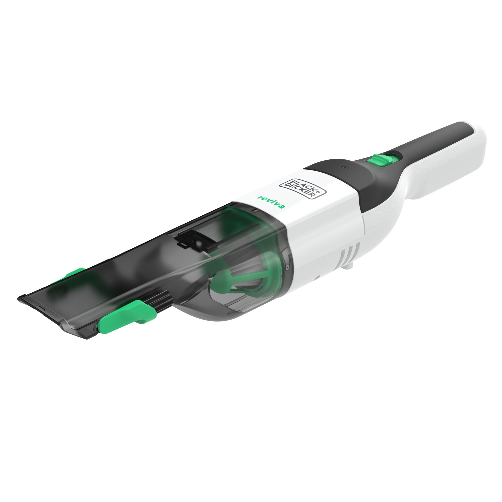 3/4 view of the BLACK+DECKER reviva hand vac on a white background
