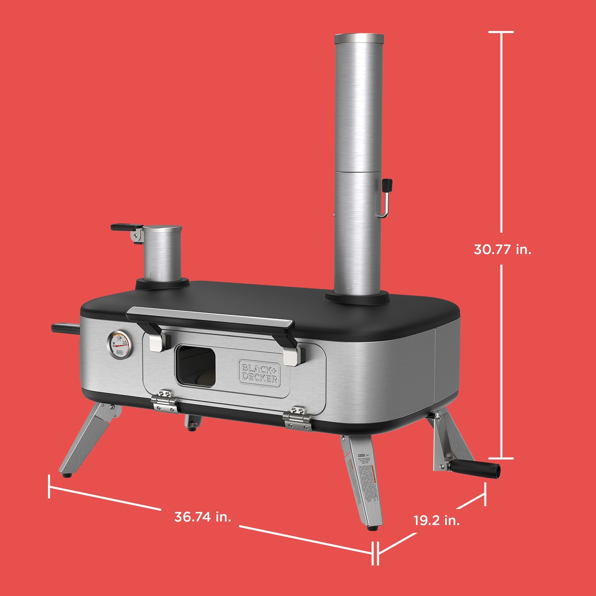 Dimensions of the pizza oven; height: 30.77 in., width: 19.2 in., width: 36.74 in.