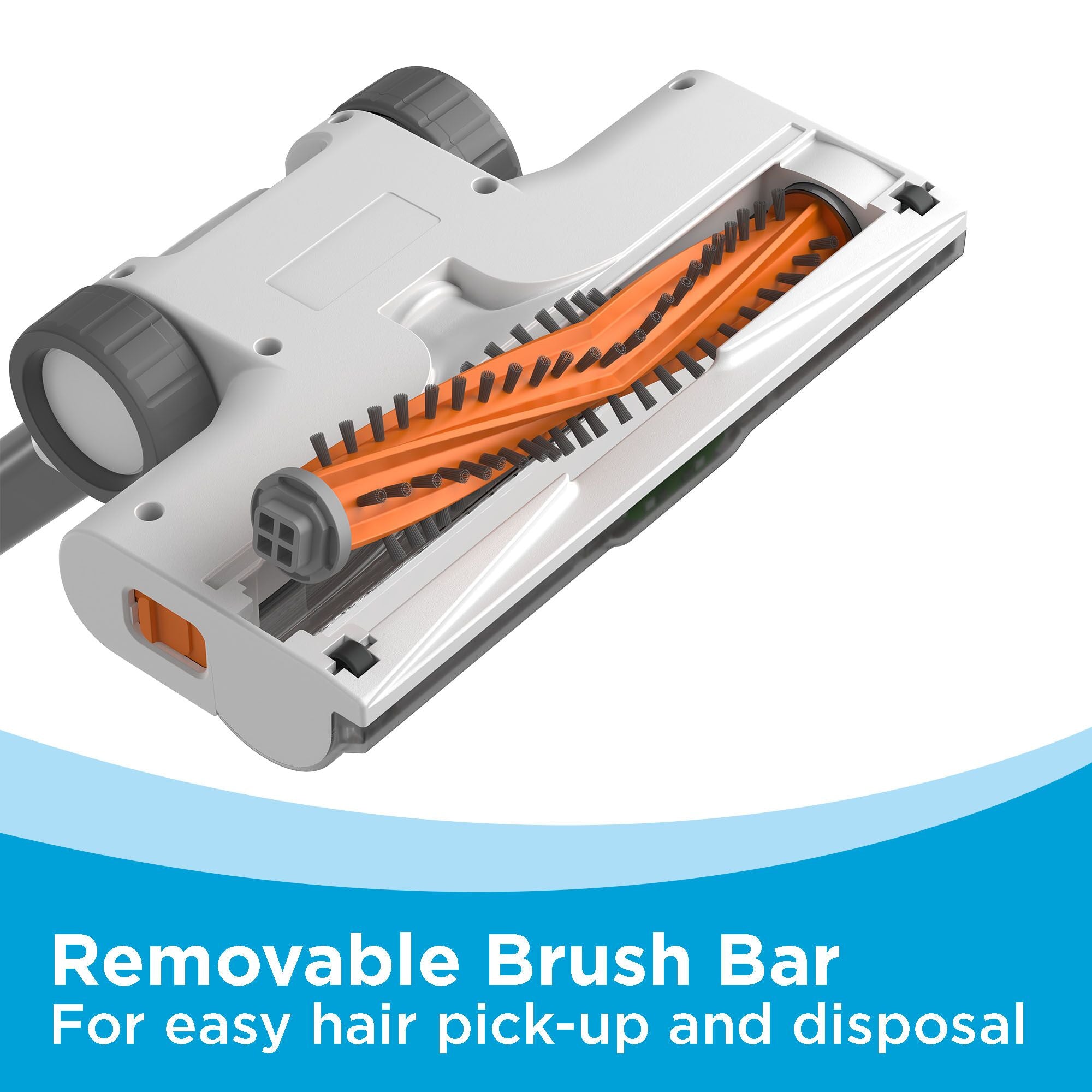 Removable brush bar for easy hair pick-up and disposal 