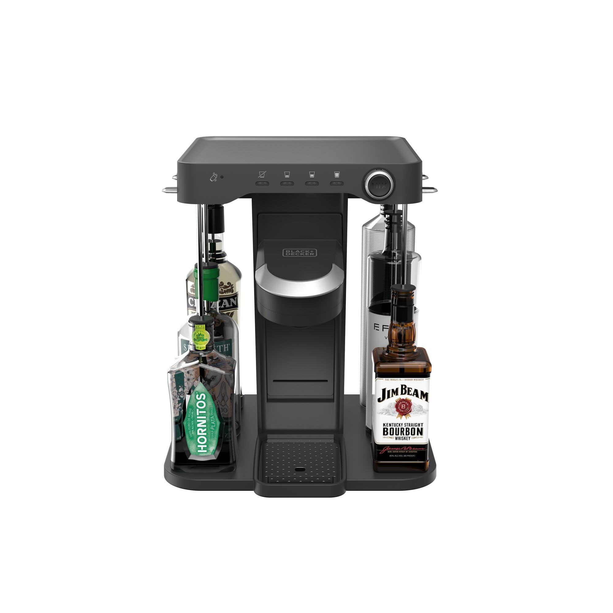 3/4 view of bev by BLACK+DECKER™ cocktail maker with a freshly made margarita on an outdoor wooden serving table with an ice bucket and assorted garnishes