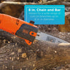 A closeup of the BLACK+DECKER 20V MAX* 8-in. Pole Saw (Tool Only). 8-in. chain and bar allows for a wide range of cuts on branches up to 6-in. in diameter.