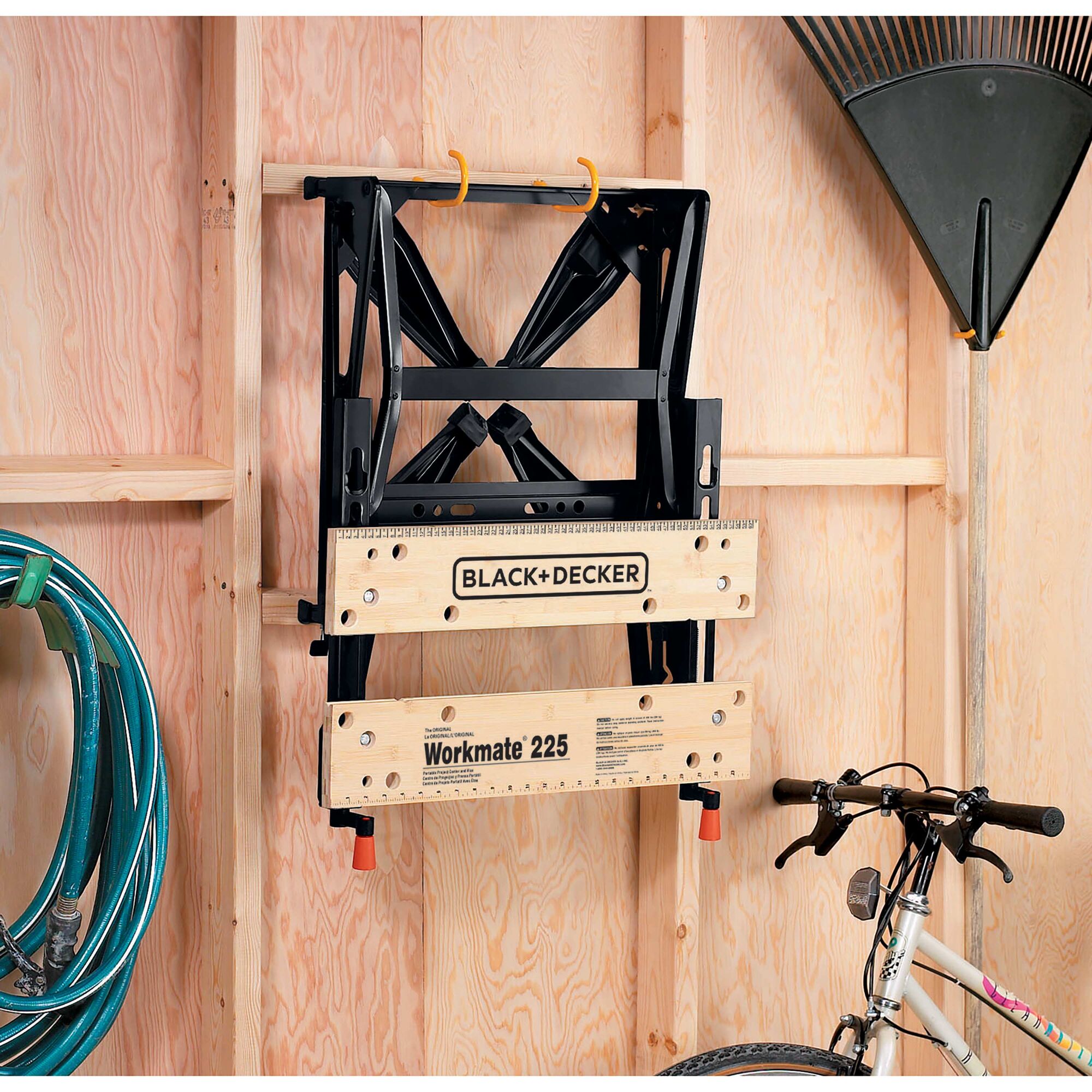 The BLACK+DECKER Workmate™ 225 Portable Work Center and Vise stores securely on a wall. Simple storage, folds flat for quick, compact storage.