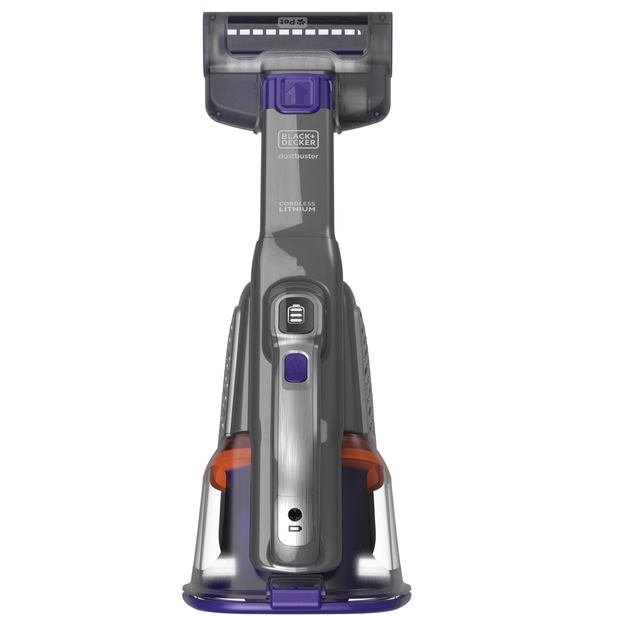 Dustbuster Advanced Clean plus Pet Cordless Hand Vacuum being used to clean pet hair from sofa.