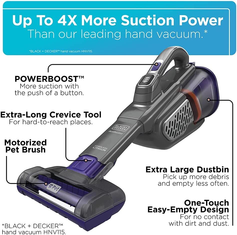 dustbuster AdvancedClean pet cordless hand vacuum being used by a person to clean hard to reach wooden floor space.