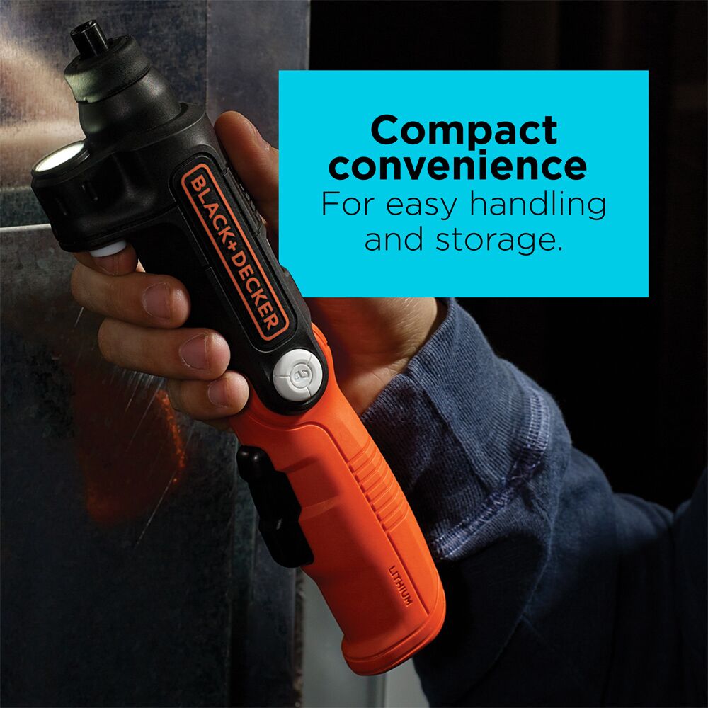 Black and Decker 4 volt MAX lithium ion light driver cordless screwdriver being used by a person as a flashlight