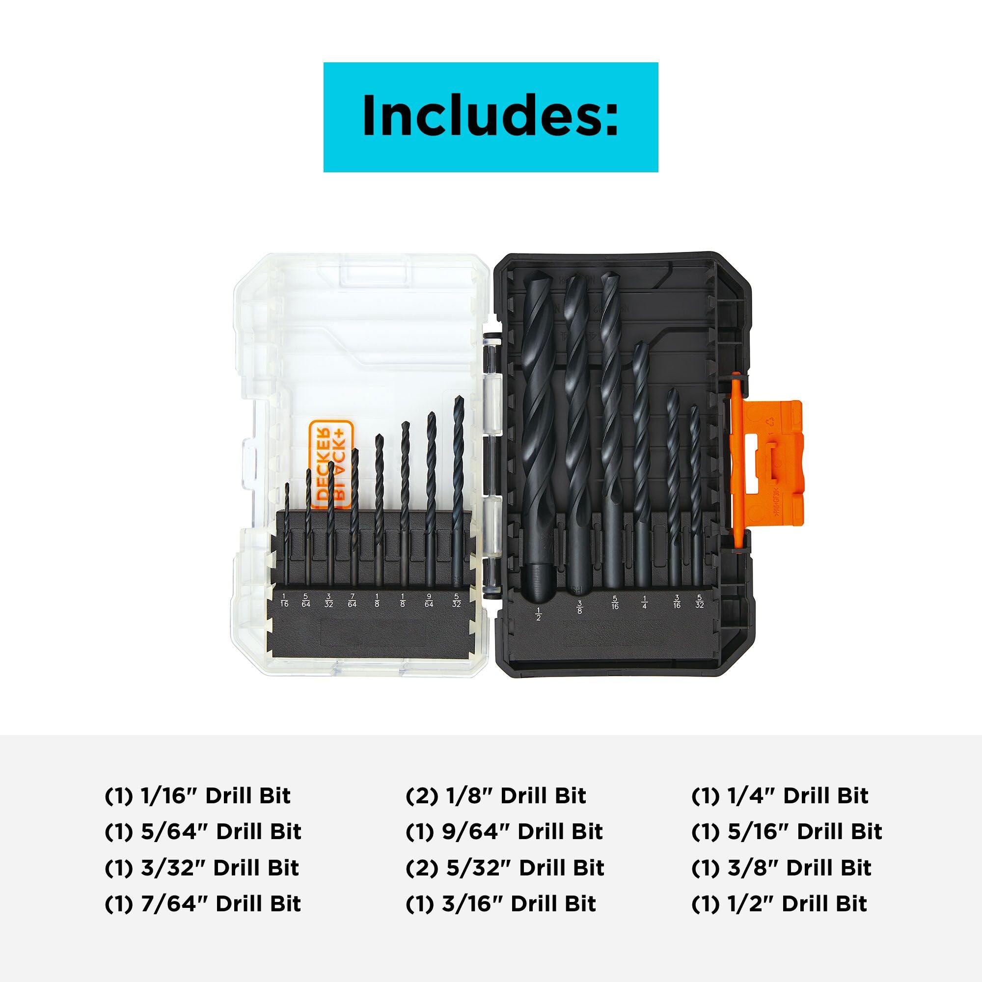 Image showing all of the pieces included in the BLACK+DECKER 14-piece drill bit set