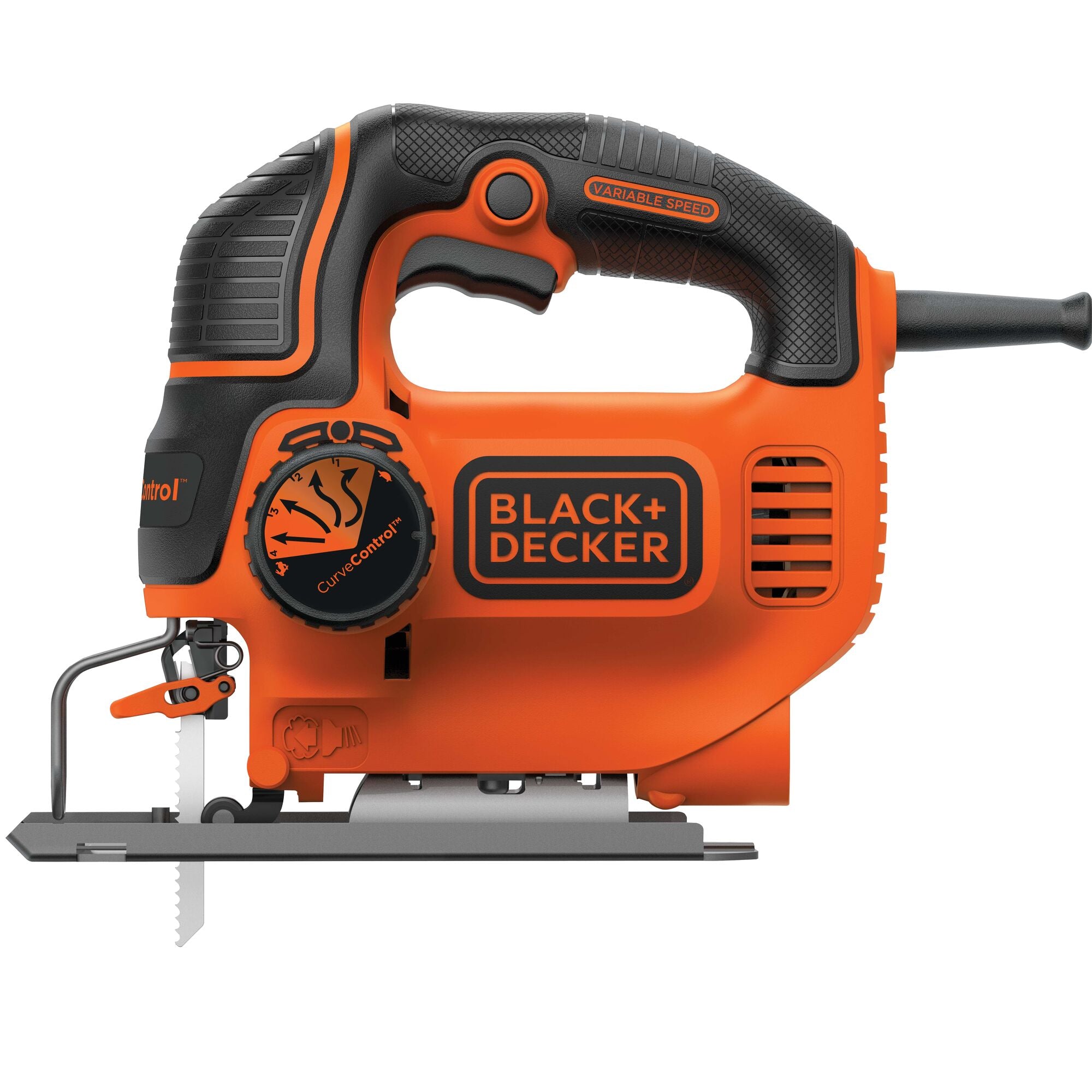 A person cuts wood with the BLACK+DECKER 5.0-Amp Jig Saw With Smart Select. Precise beveled cuts up to 45 degrees with adjustable shoe.