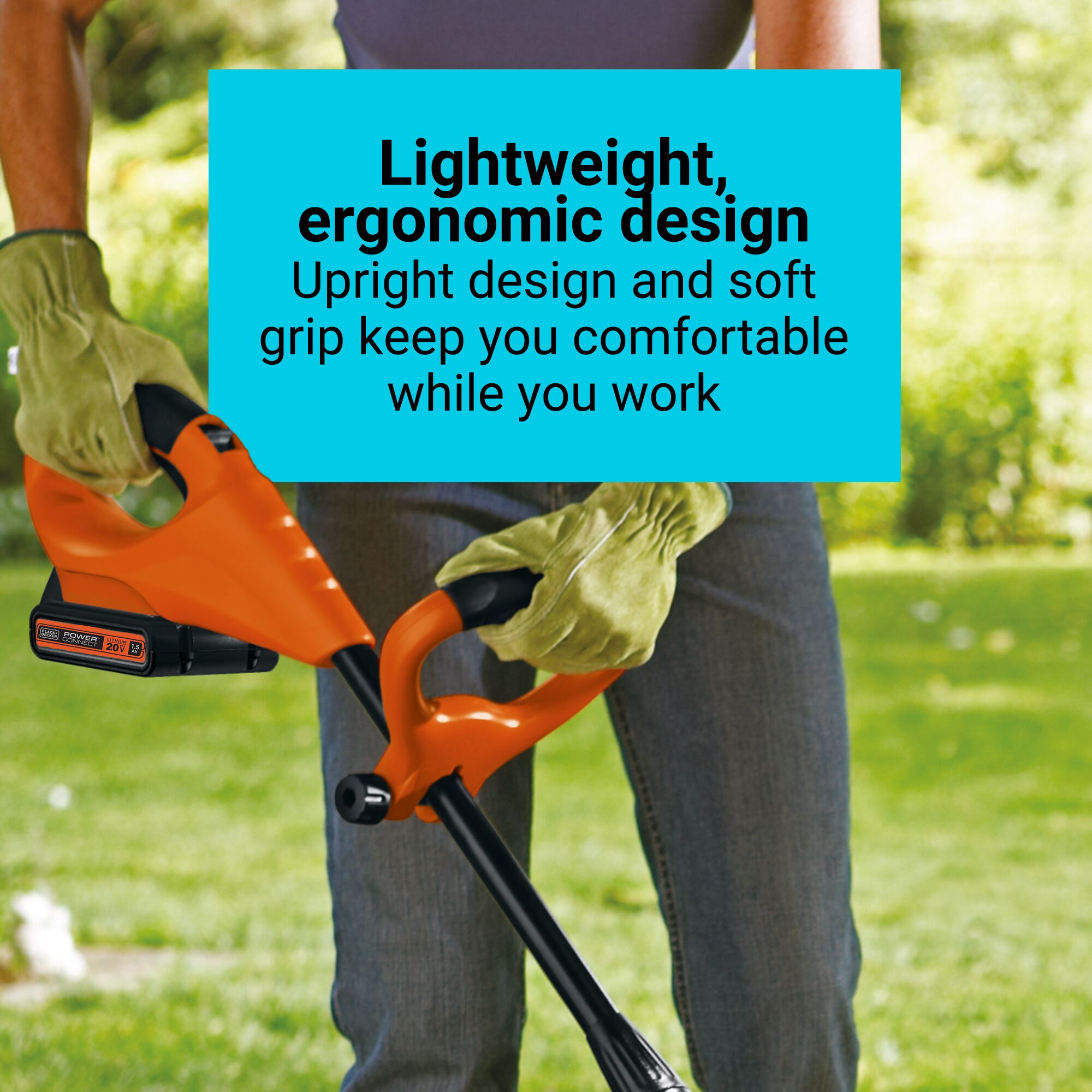 A person prepares a garden with the BLACK+DECKER POWERCONNECT™ 20V MAX* Cordless Garden Tiller Kit (Tool Only). Counter-oscillating tines. Break up soil and keep weeds from tangling.