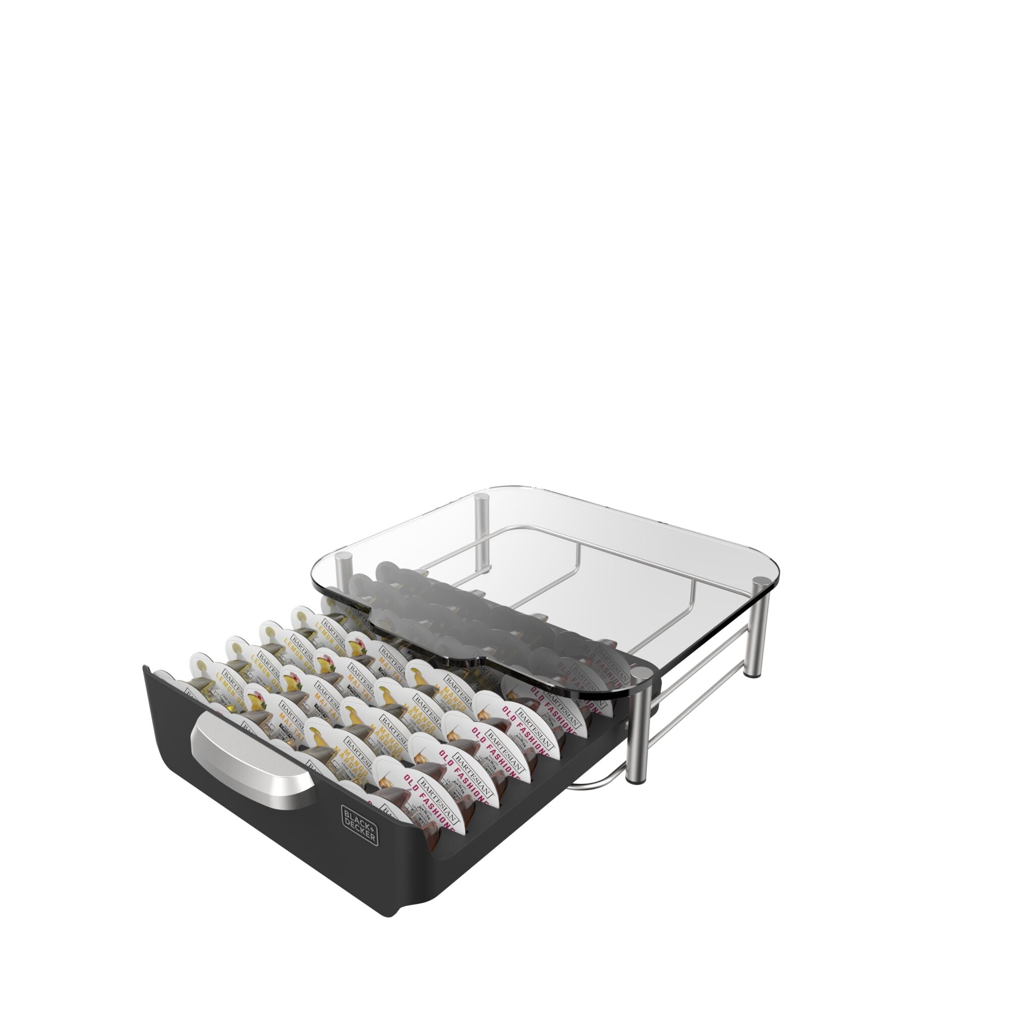 3/4 view of an open bev by BLACK+DECKER™ cocktail maker capsule storage drawer filled with Bartesian® capsules