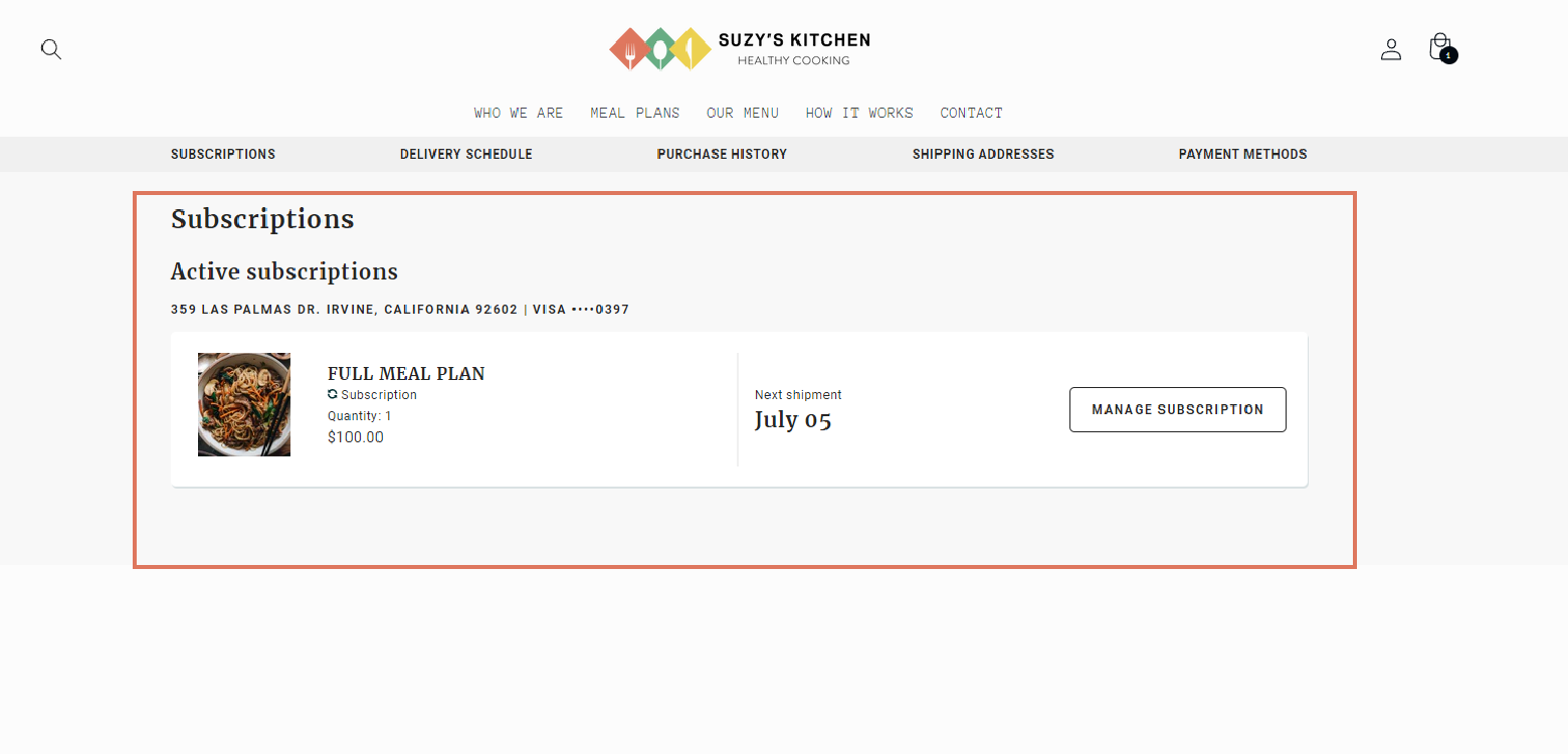 Reviewing subscriptions placed within the user portal of Suzy's Kitchen