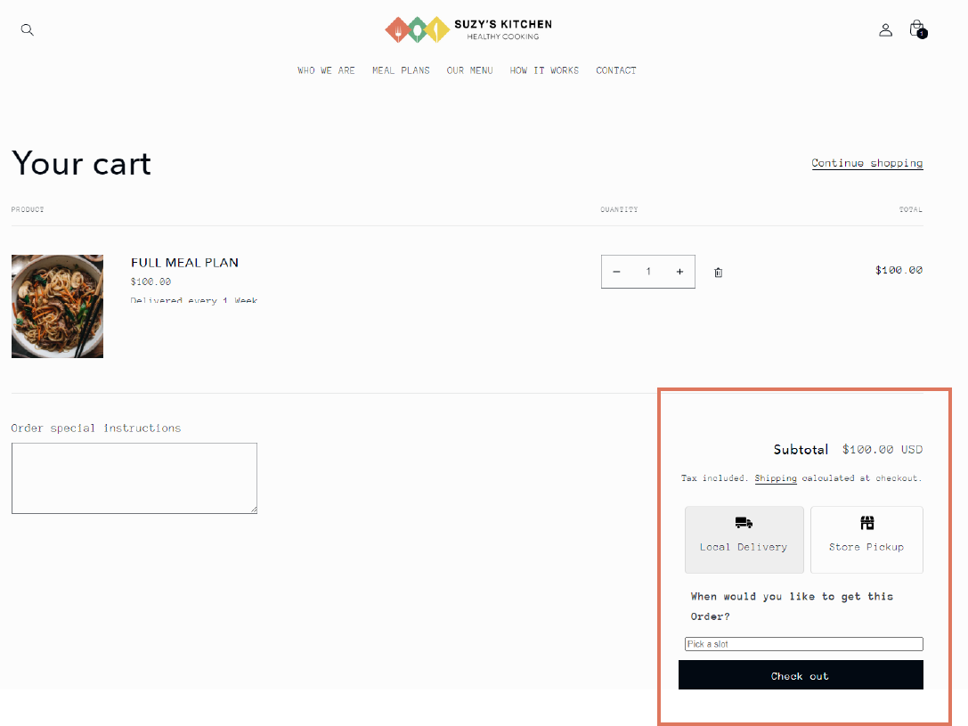 Delivery or pick-up options for meal plans by Suzy's Kitchen