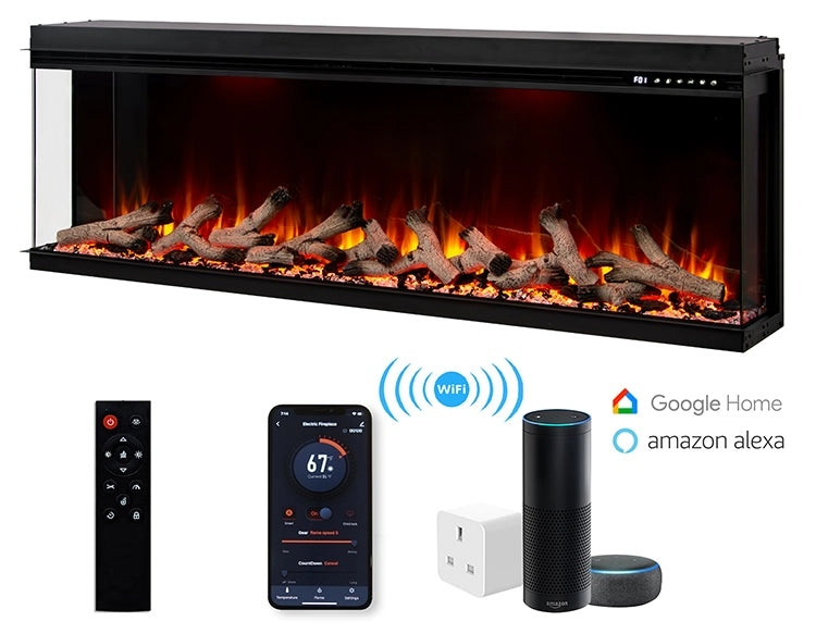 Application WiFi, commande vocale et télécommande de cheminée électrique moderne