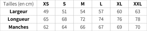 Tableau de guide des tailles pour Hoodies