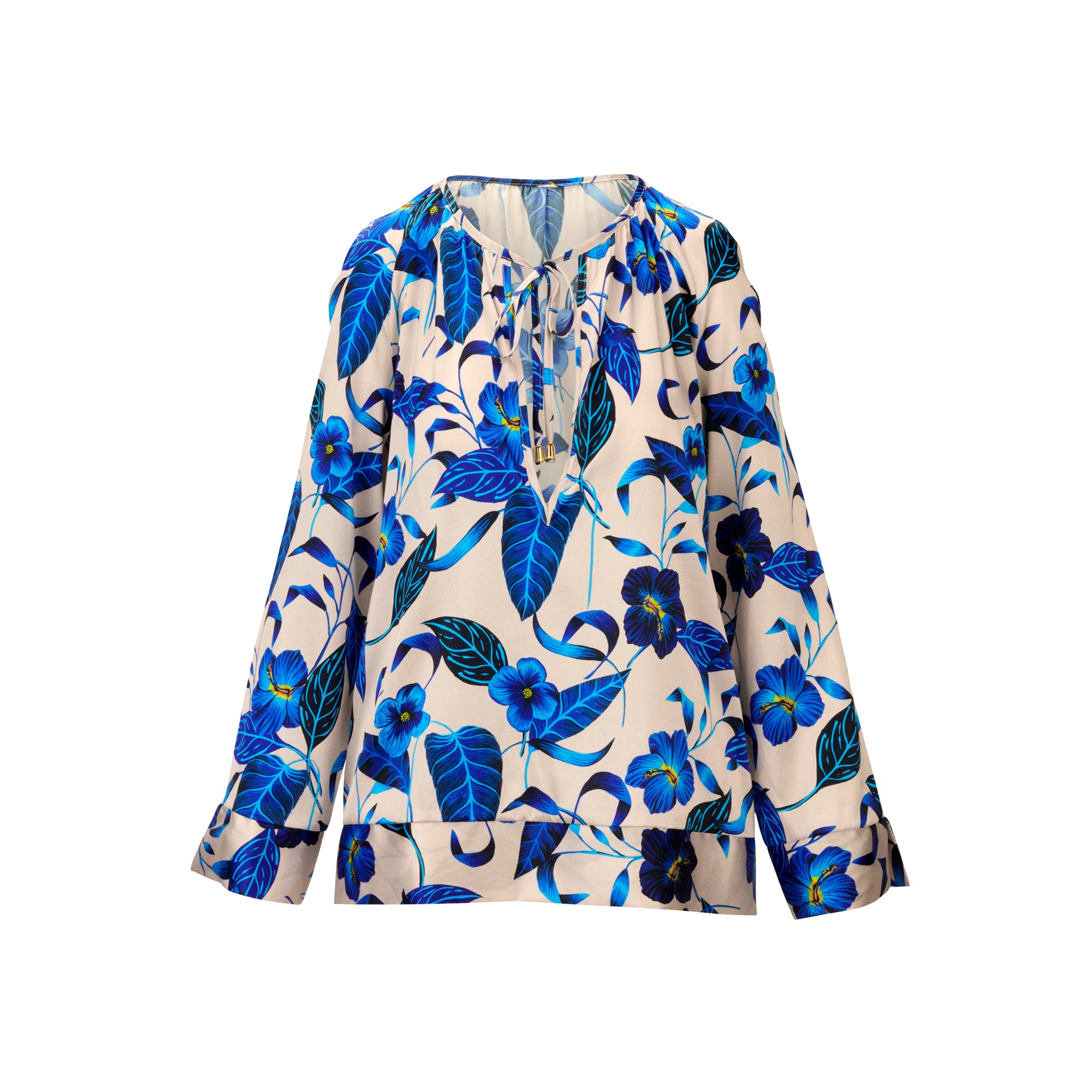 SILK BLOUSE CLASSIC V-NECK COBALT FLORAL PRINT