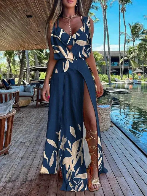 2025 New Sexy Sets Women Summer Beach Style Printed Hollow Out Party Dress Deep V-Neck Bra Split Dress Suits Dropshipping STILUNA