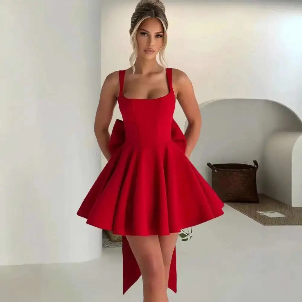 NIDANSSI 2025 White Backless Bow Pleated Evening Party Dress Women Robes Elegant Sexy Dress Bodycon Mini Summer Dress Vestidos STILUNA