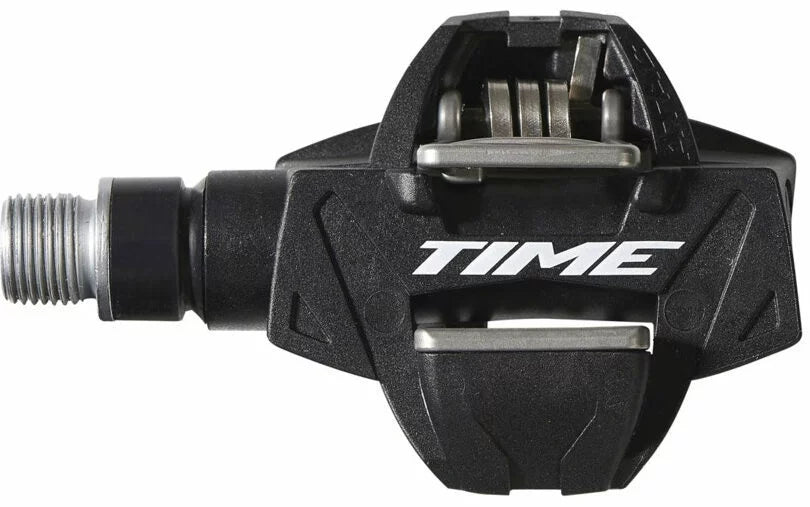 A black Time clipless bicycle pedal.
