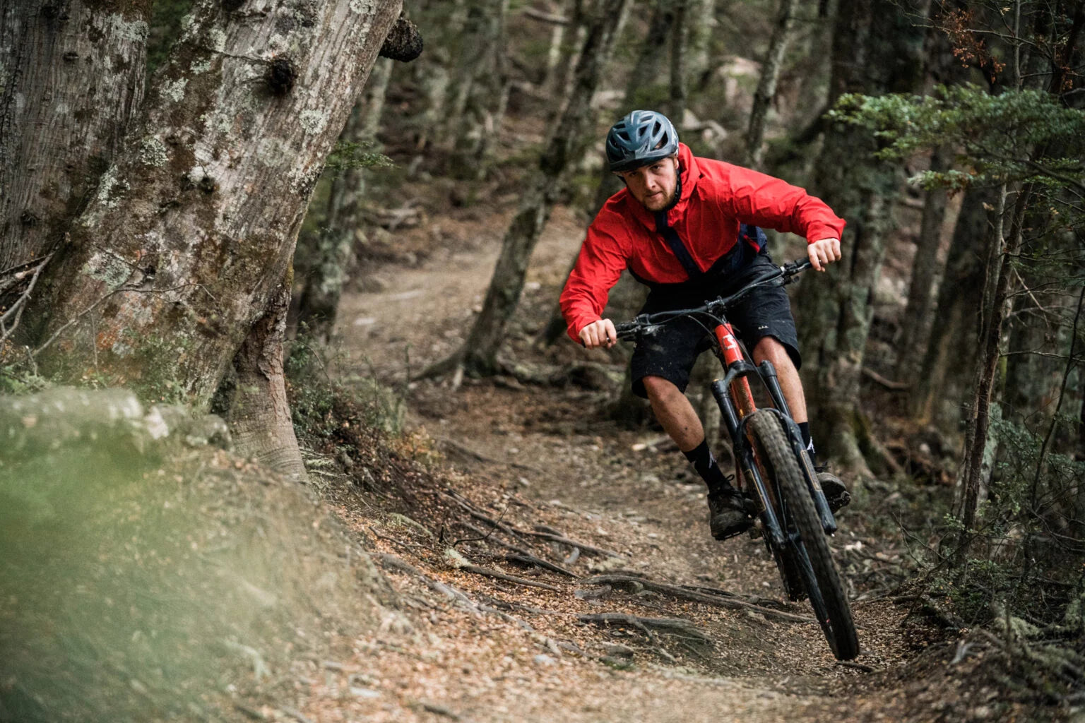 A man riding a mountain bike in the woods.