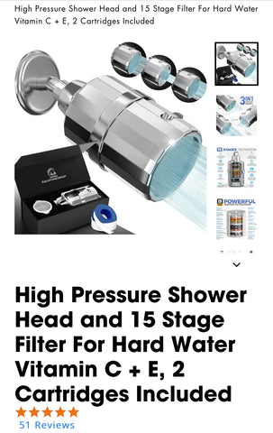 High Pressure Shower Head and 15 Stage Filter For Hard Water Vitamin C + E, 2 Cartridges Included