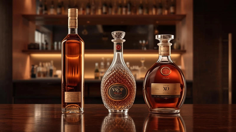 Three upright cognac bottles labeled XO, VSOP, and VS, each with a different bottle shape.