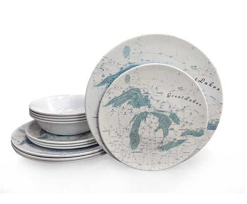 Picture of LP-Melamine 12pc Set- White- Great Lakes Map