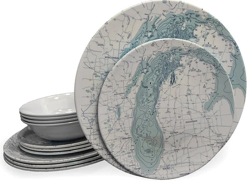 Picture of LP-Melamine 12pc Set- White- Lake Michigan Map