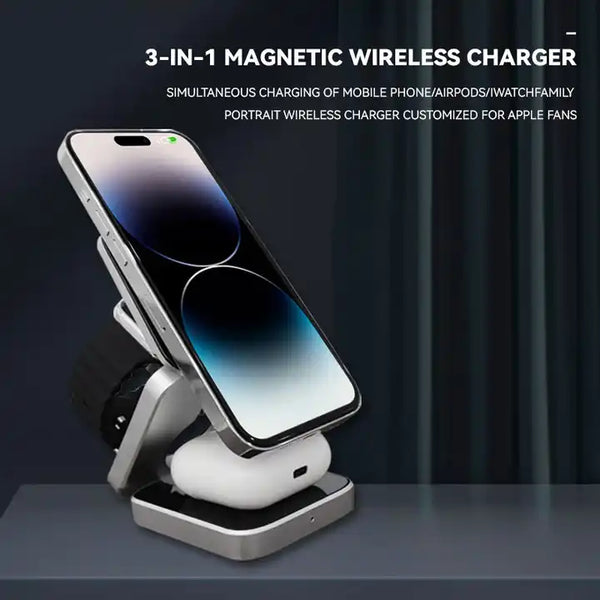 Aluminum Alloy 3-in-1 magnetic foldable wireless charger for all iPhones, all AirPods and Apple Watches - skycase
